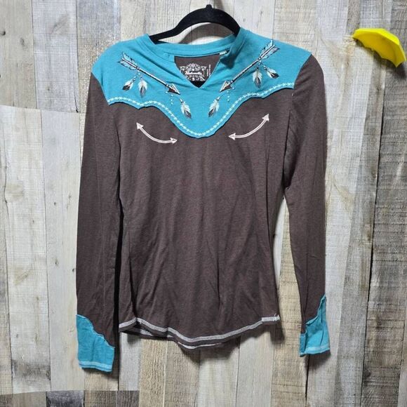 Panhandle Slim Tops - Panhandle Slim Brown Turquoise Arrow Embroidered Tee Small Western Cowgirl Rodeo